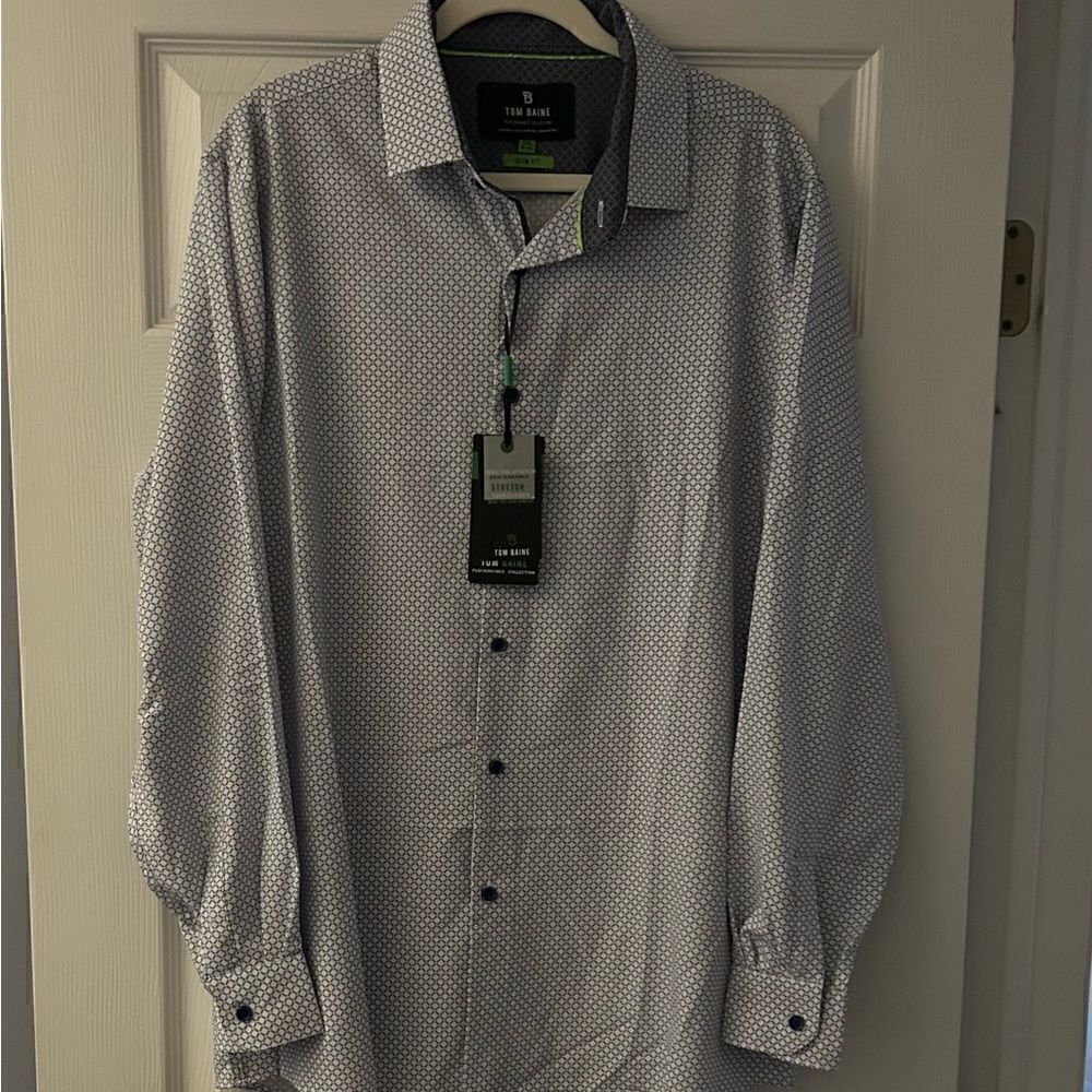Tom Baine Performance Button Down Shirt Slim Fit White Blue Print Size XXL